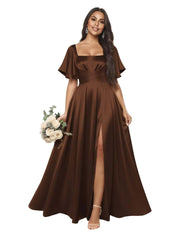 Satin square neck short-sleeved long evening dress, multiple colors available, sister group toast dress, annual meeting host, classy banquet