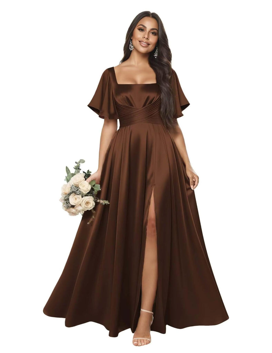 Satin square neck short-sleeved long evening dress, multiple colors available, sister group toast dress, annual meeting host, classy banquet
