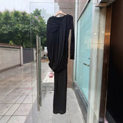 Long-Sleeve Draped Maxi Dress — Asymmetric Draping with a Ruched Waist