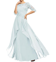 New chiffon lace long evening gown - round neck, mid-sleeve, slimming design - perfect for weddings, bridesmaids, dinner parties, or mother of the bride