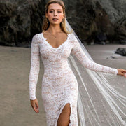 Beaded mid-length bridal veil in soft lace tulle, lightweight and elegant for weddings and travel