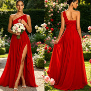 One shoulder chiffon long bridesmaid dress slit evening dress female sister group toast dress graduation performance dress factory direct supply