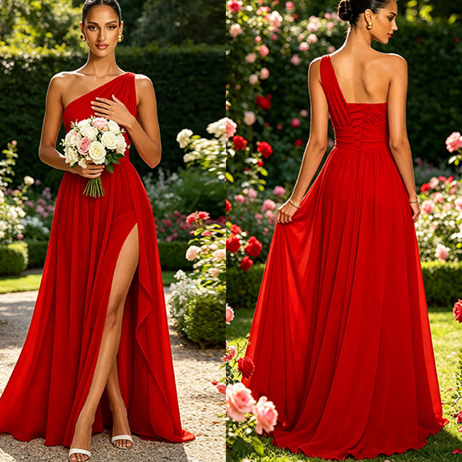 One shoulder chiffon long bridesmaid dress slit evening dress female sister group toast dress graduation performance dress factory direct supply
