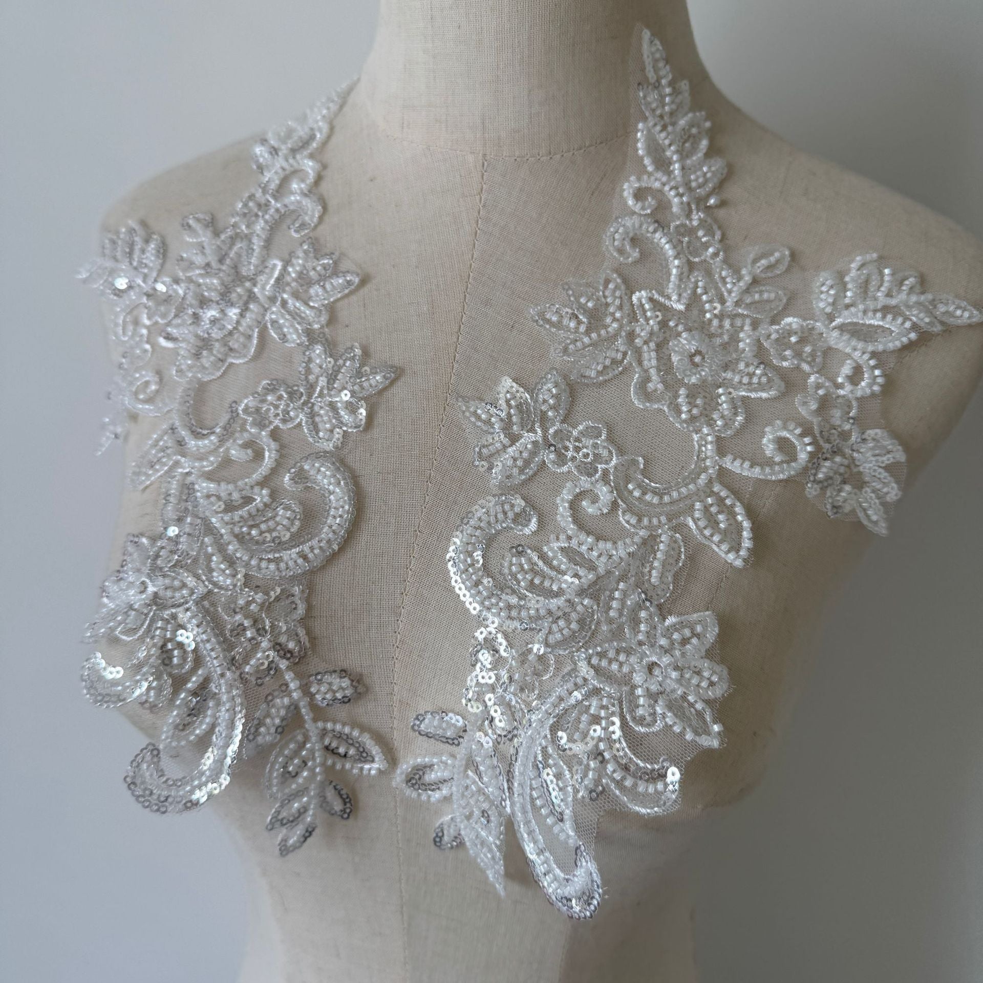 White beaded floral lace appliqué set for wedding dresses - front, back, and diy veil embellishments - fabric applique zh361