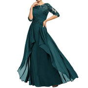New chiffon lace long evening gown - round neck, mid-sleeve, slimming design - perfect for weddings, bridesmaids, dinner parties, or mother of the bride