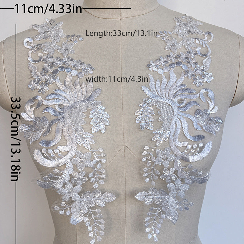 1 pair of silver lace beaded flower patch 3D embroidery applique for wedding neckline decoration