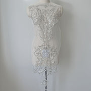 Heavy Embroidered Lace Flower Patch – Silver Beads, Sequin & Pearl DIY Wedding Dress Appliqué (ZH322)