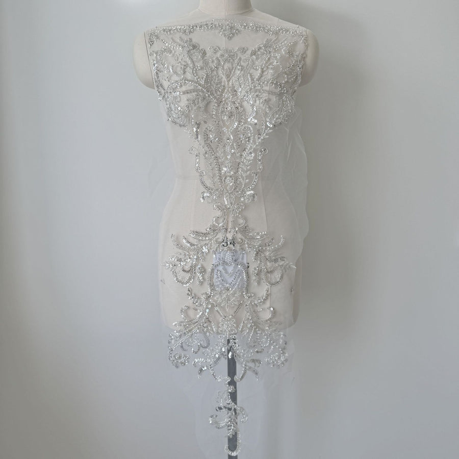 Heavy Embroidered Lace Flower Patch – Silver Beads, Sequin & Pearl DIY Wedding Dress Appliqué (ZH322)