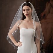 Heart flower hair comb bridal veil with single-layer lace and soft chiffon tulle