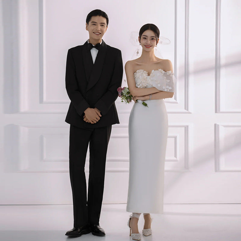 French Light Wedding Dress 2026 Spring New Strapless Design Petite Elegant Outfit Travel Photography White Evening Gown
