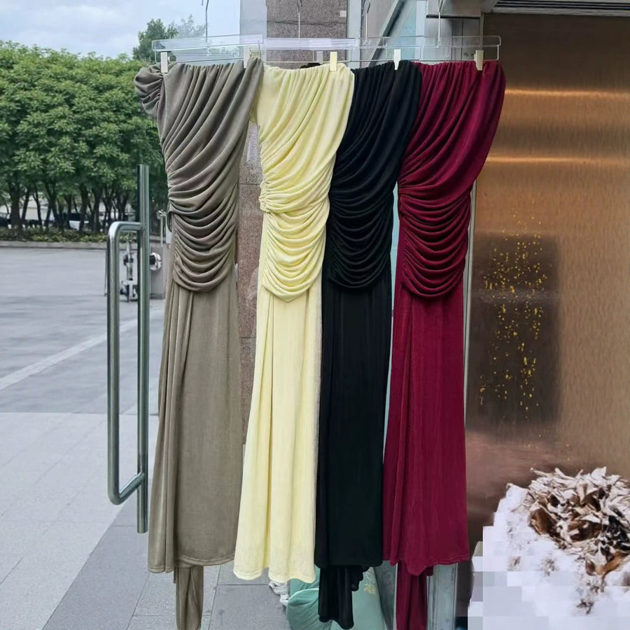 Boat-Neck Ruched Maxi Dress — Cap Sleeves with Asymmetric Draping