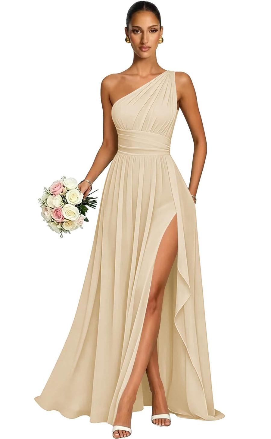 One shoulder chiffon long bridesmaid dress slit evening dress female sister group toast dress graduation performance dress factory direct supply