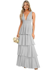 European and american chiffon bridesmaid dress v-neck sleeveless tiered cake dress wedding sister dress hostess outfit gown