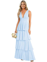 European and american chiffon bridesmaid dress v-neck sleeveless tiered cake dress wedding sister dress hostess outfit gown