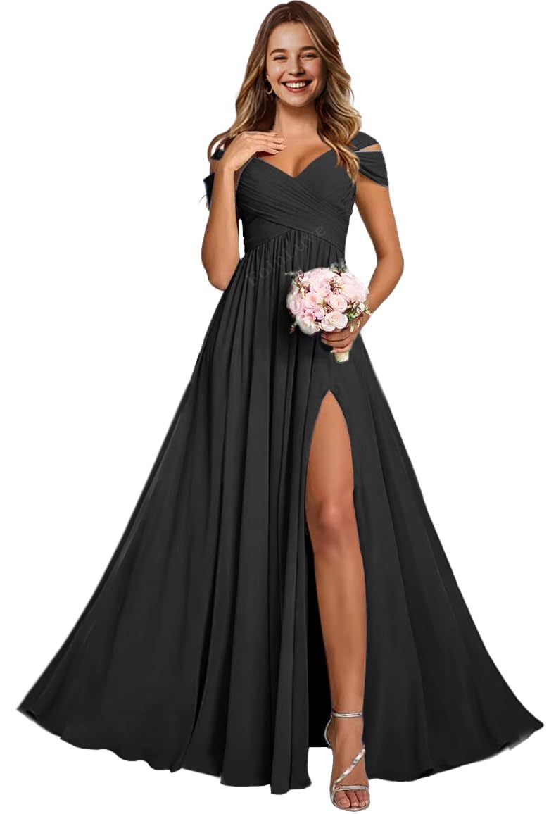 Off-the-shoulder bridesmaid dresses - long, slit, chiffon evening gowns for dinner parties, proms, and sisterhood events