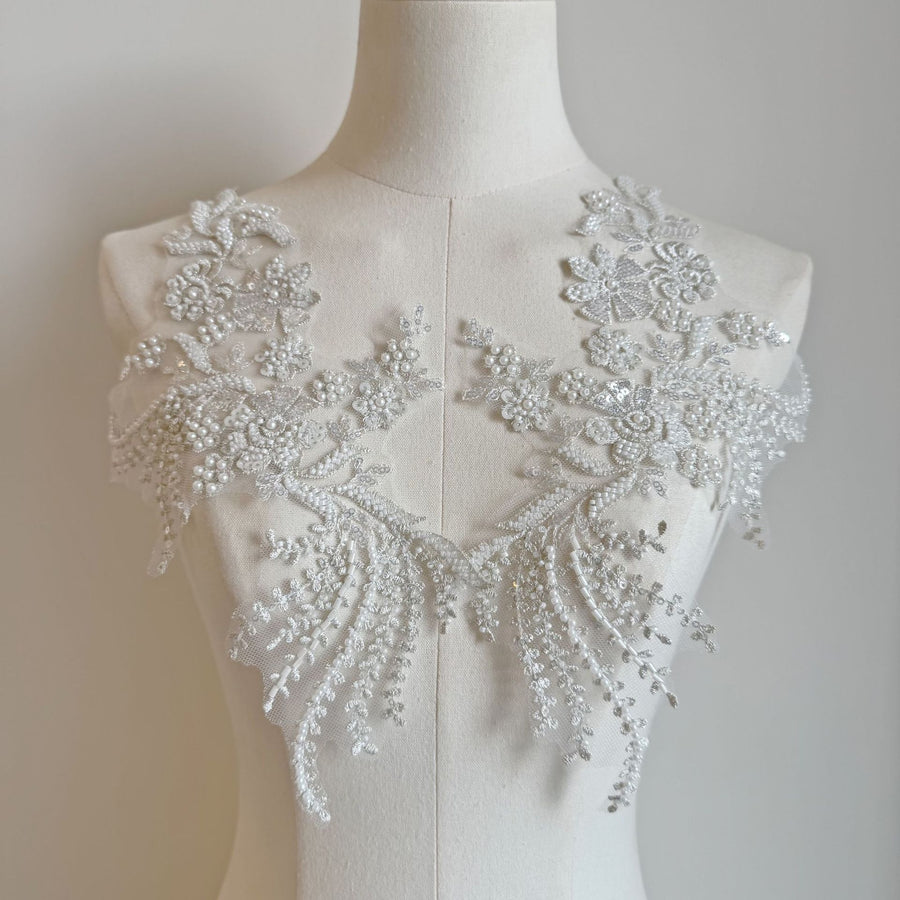Silver European Style High-End Embroidered Lace Floral Appliqué - Handmade DIY Wedding Dress & Clothing Material (ZH446)