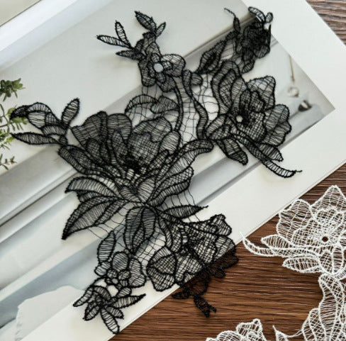 R95 with tail beige black fish thread lace flower to flower decal DIY handmade bridal veil