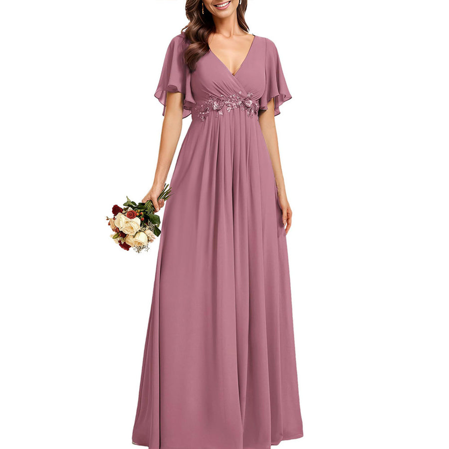 European and american style v-neck chiffon long bridesmaid dress, butterfly sleeve cinched waist slimming evening gown, party hostess dress