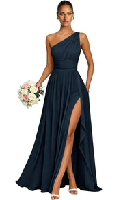 One shoulder chiffon long bridesmaid dress slit evening dress female sister group toast dress graduation performance dress factory direct supply