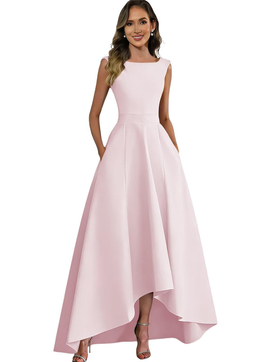 Women's solid color satin sleeveless fitted evening gown for export - amazon style cocktail party bridesmaid dress - high-low hem