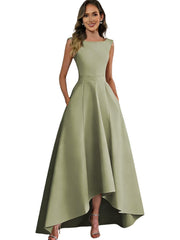 Women's solid color satin sleeveless fitted evening gown for export - amazon style cocktail party bridesmaid dress - high-low hem