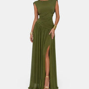 Fashion cross-border boat collar pleated sleeveless chiffon long dress high waist cross waist side slit banquet bridesmaid