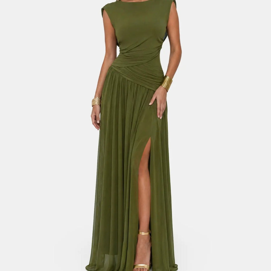 Fashion cross-border boat collar pleated sleeveless chiffon long dress high waist cross waist side slit banquet bridesmaid