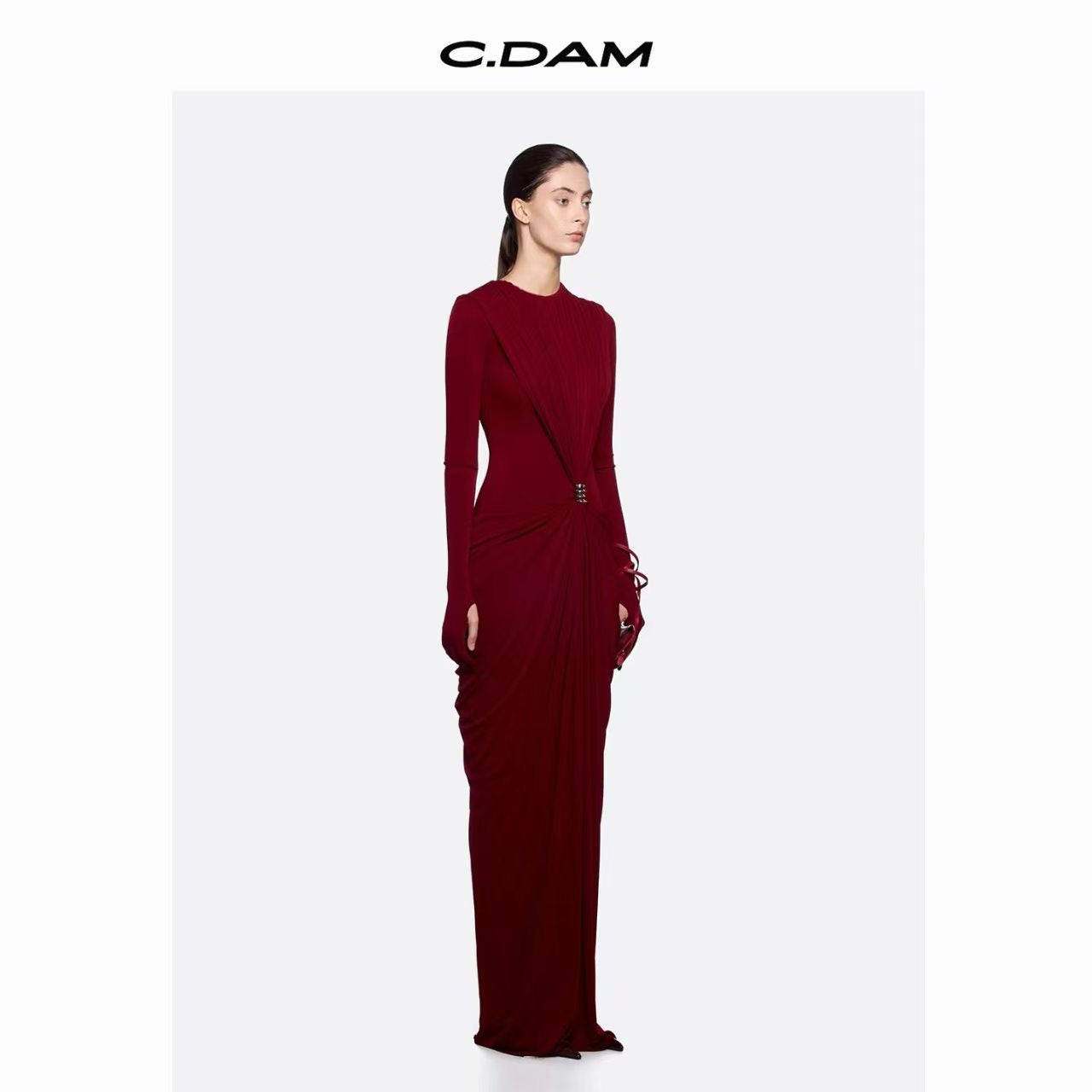 Long-Sleeve Ruched Maxi Dress — Sculpted Draping with a Jewel-Detail Waist