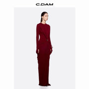 Long-Sleeve Ruched Maxi Dress — Sculpted Draping with a Jewel-Detail Waist