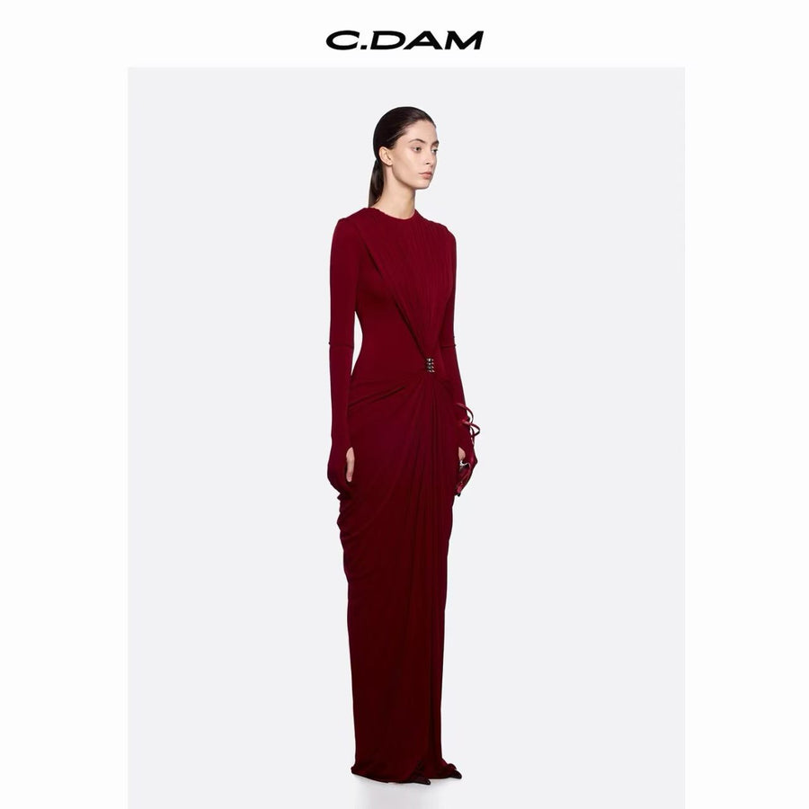 Long-Sleeve Ruched Maxi Dress — Sculpted Draping with a Jewel-Detail Waist