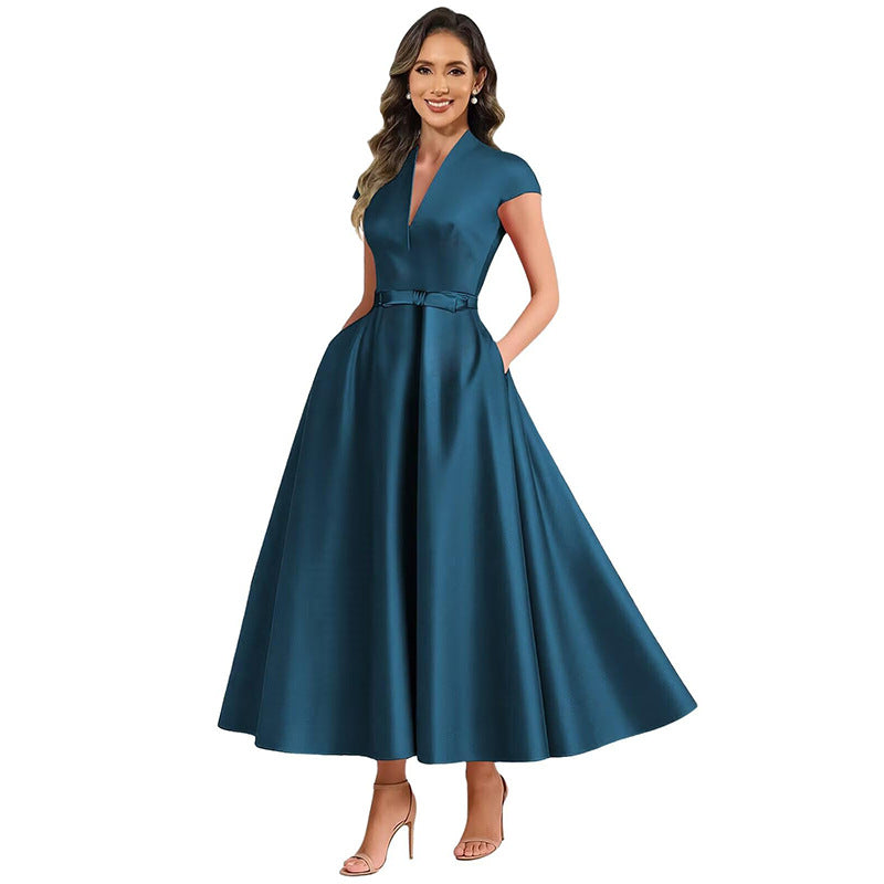 Fashion aliexpress export satin short banquet dress party bows evening dress wedding ladieswear church
