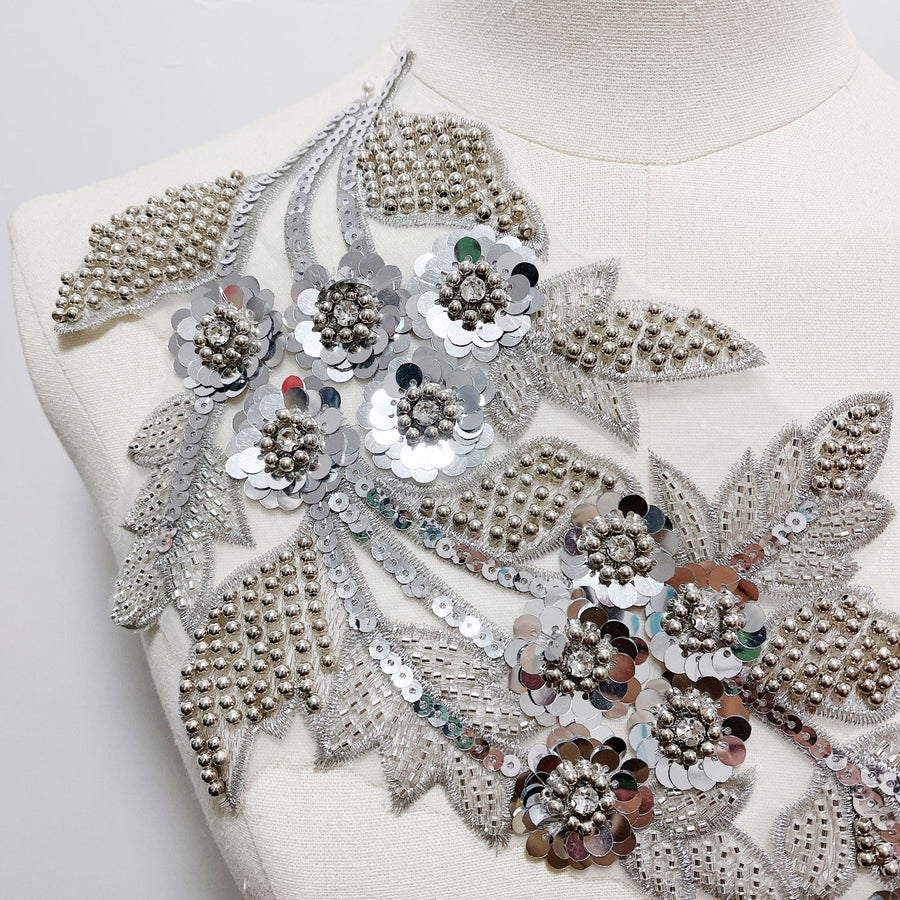 Silver Beaded Sequins Lace Flower Accessory - DIY Wedding Dress, Veil & Shoe Decoration