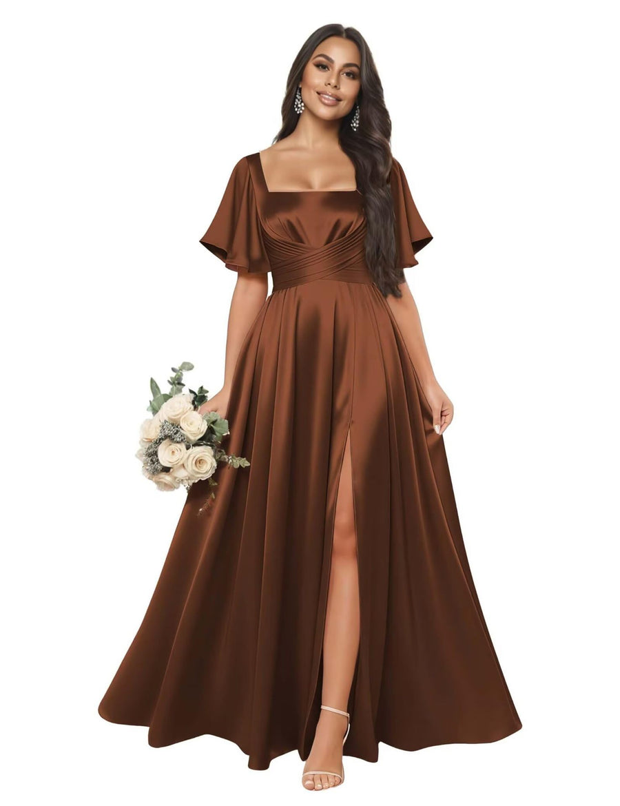Satin square neck short-sleeved long evening dress, multiple colors available, sister group toast dress, annual meeting host, classy banquet