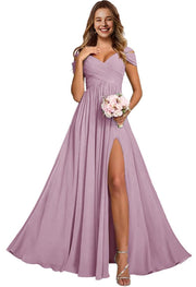 Off-the-shoulder bridesmaid dresses - long, slit, chiffon evening gowns for dinner parties, proms, and sisterhood events