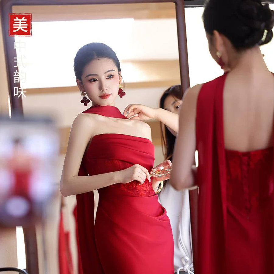 West lake qu [secret words] red toasting dress bridal tube top mermaid dress wedding engagement dress skirt for women high-end