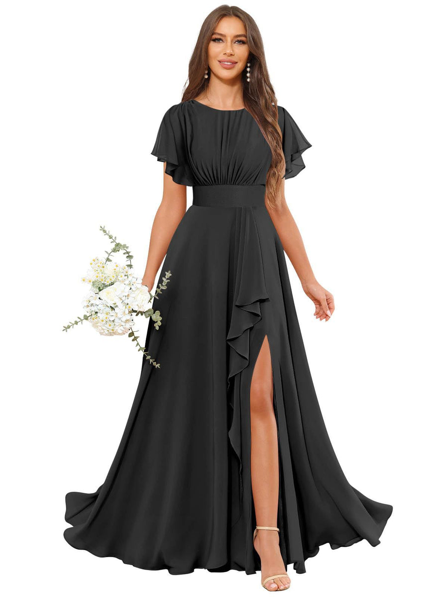 Cross-border amazon bestseller: long bohemian chiffon midi dress - short sleeve, cinched waist, evening gown, bridesmaid dress