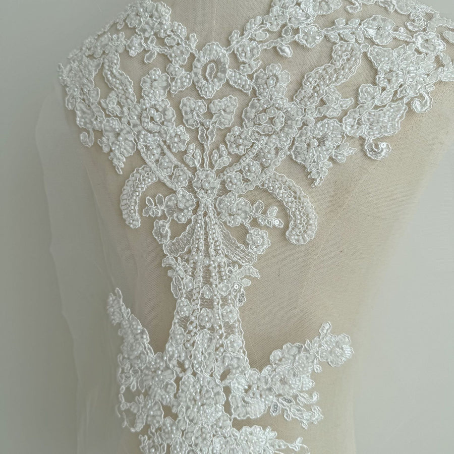 Zh484 white embroidered fabric with beaded sequin lace – wedding dress, gown, and apparel trim – 3d embellishments