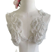 White beaded embroidered lace appliqué with leaf and butterfly design for DIY clothing and headwear trim