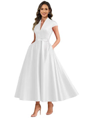 2026 premium satin v-neck midi dress with belted waist, pockets, and suitable for daily wear, parties, and hosting events