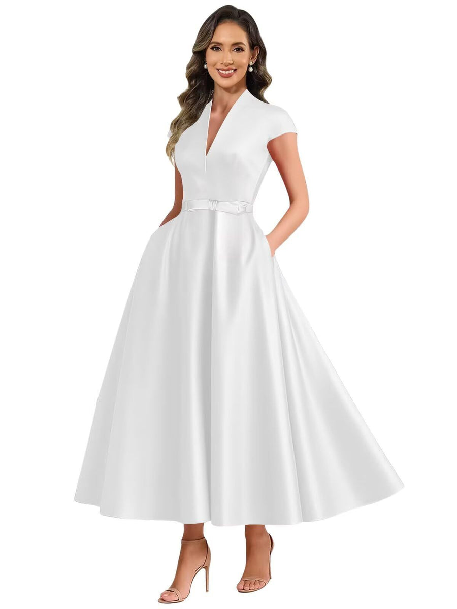 2026 premium satin v-neck midi dress with belted waist, pockets, and suitable for daily wear, parties, and hosting events