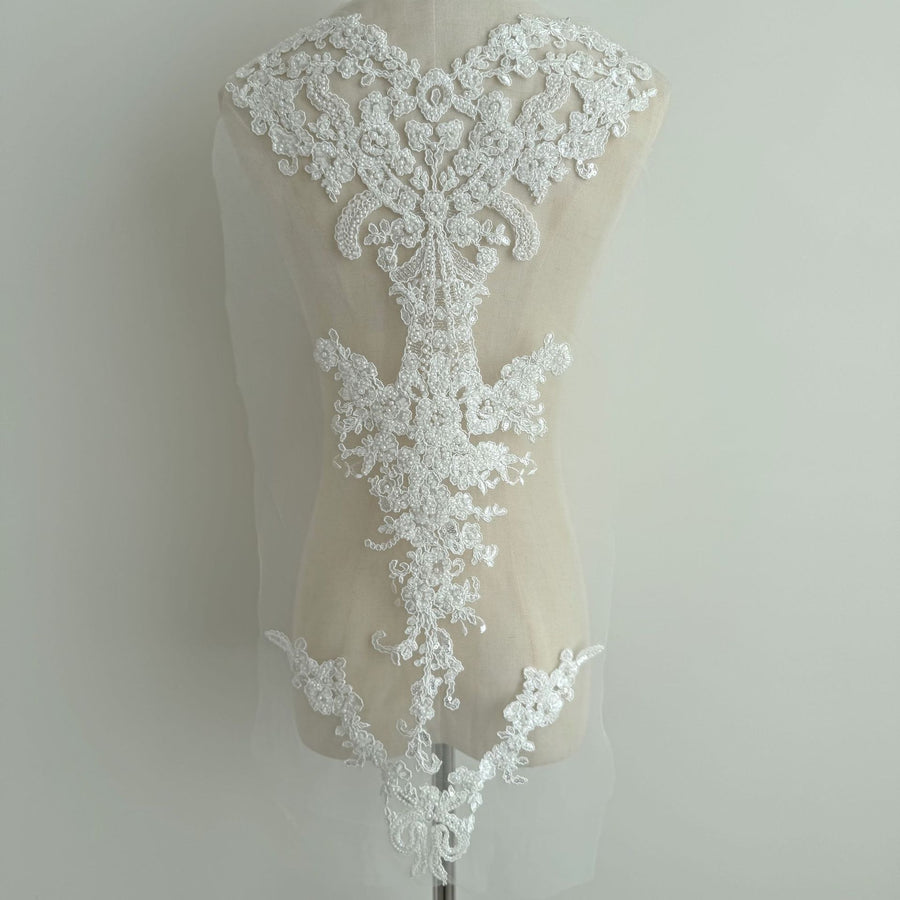 Zh484 white embroidered fabric with beaded sequin lace – wedding dress, gown, and apparel trim – 3d embellishments