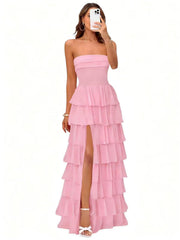 Cake skirt women's layered ruffles high slit long skirt sexy evening dress wedding bridesmaid dress tube top party dress