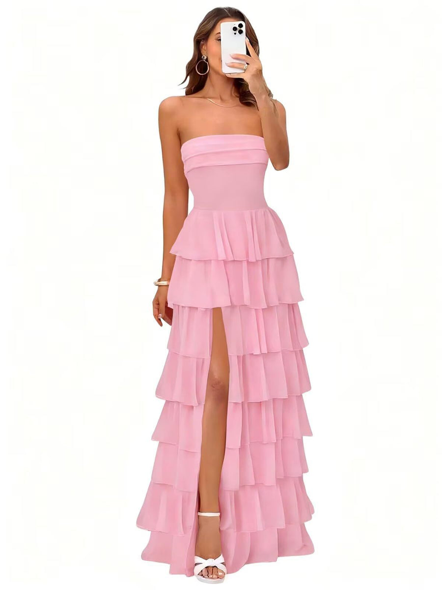Cake skirt women's layered ruffles high slit long skirt sexy evening dress wedding bridesmaid dress tube top party dress