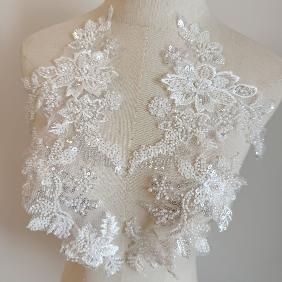 Zh426 white beaded embroidery appliqué - floral patches for bridal wedding dresses, fabric decorations, diy accessories