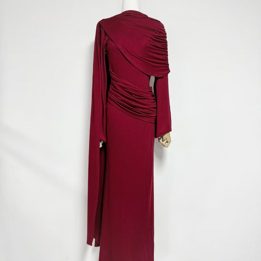 Long-Sleeve Draped Evening Gown — A Sweeping Shoulder Detail with Ruched Hips