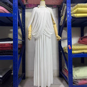 High-Neck Cape Evening Gown — Cross-Over Draping with a Flowing Pleated Skirt