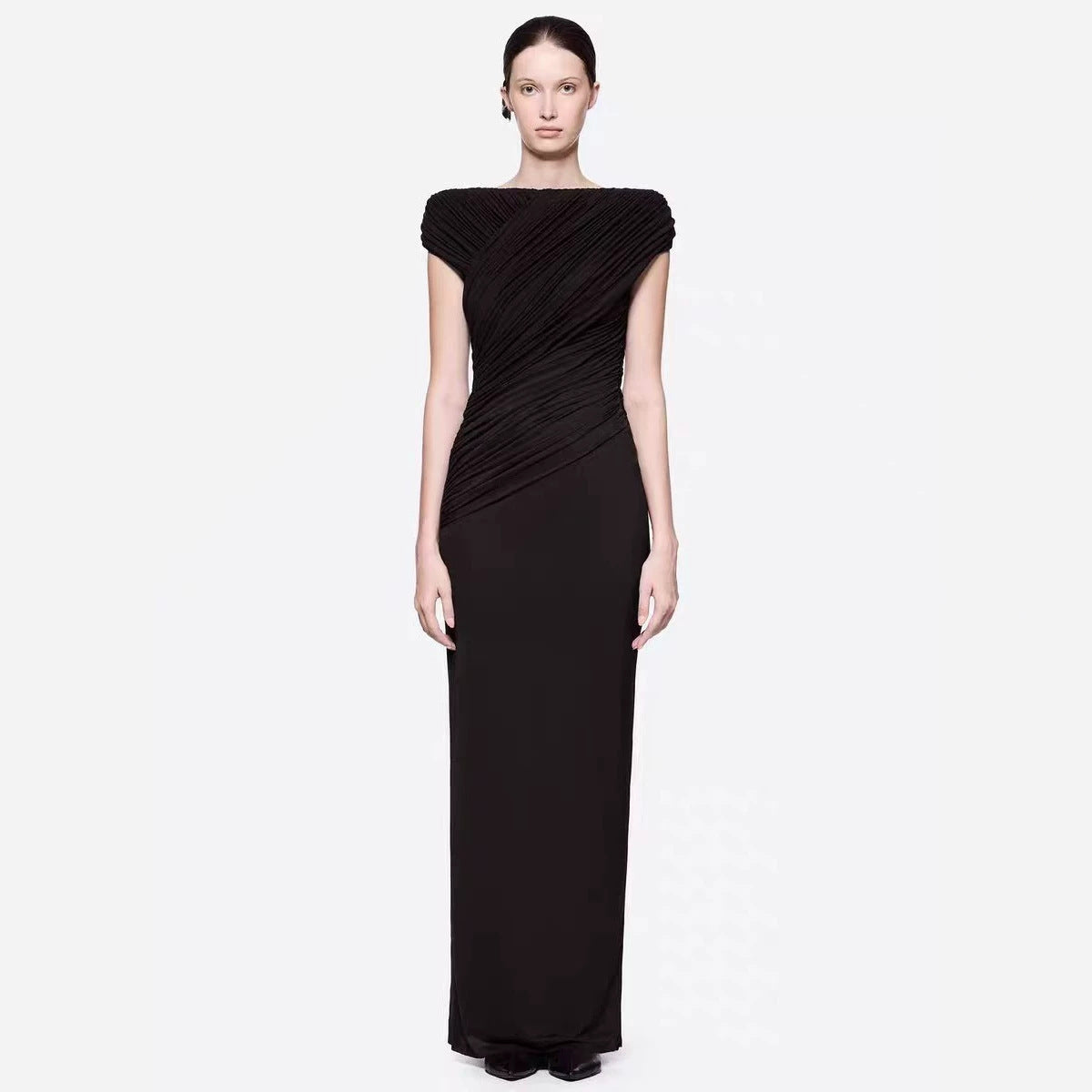 Boat-Neck Ruched Maxi Dress — Cap Sleeves with Asymmetric Draping