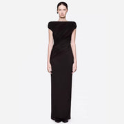 Boat-Neck Ruched Maxi Dress — Cap Sleeves with Asymmetric Draping