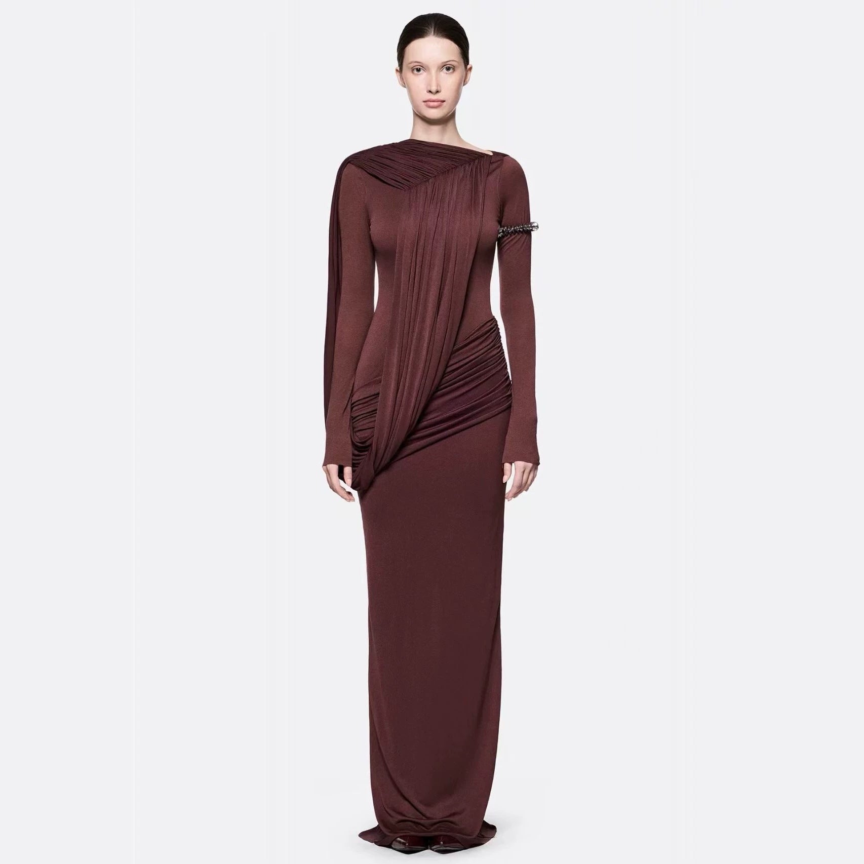 Long-Sleeve Draped Maxi Dress — Asymmetric Draping with a Ruched Waist