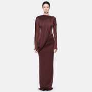 Long-Sleeve Draped Maxi Dress — Asymmetric Draping with a Ruched Waist